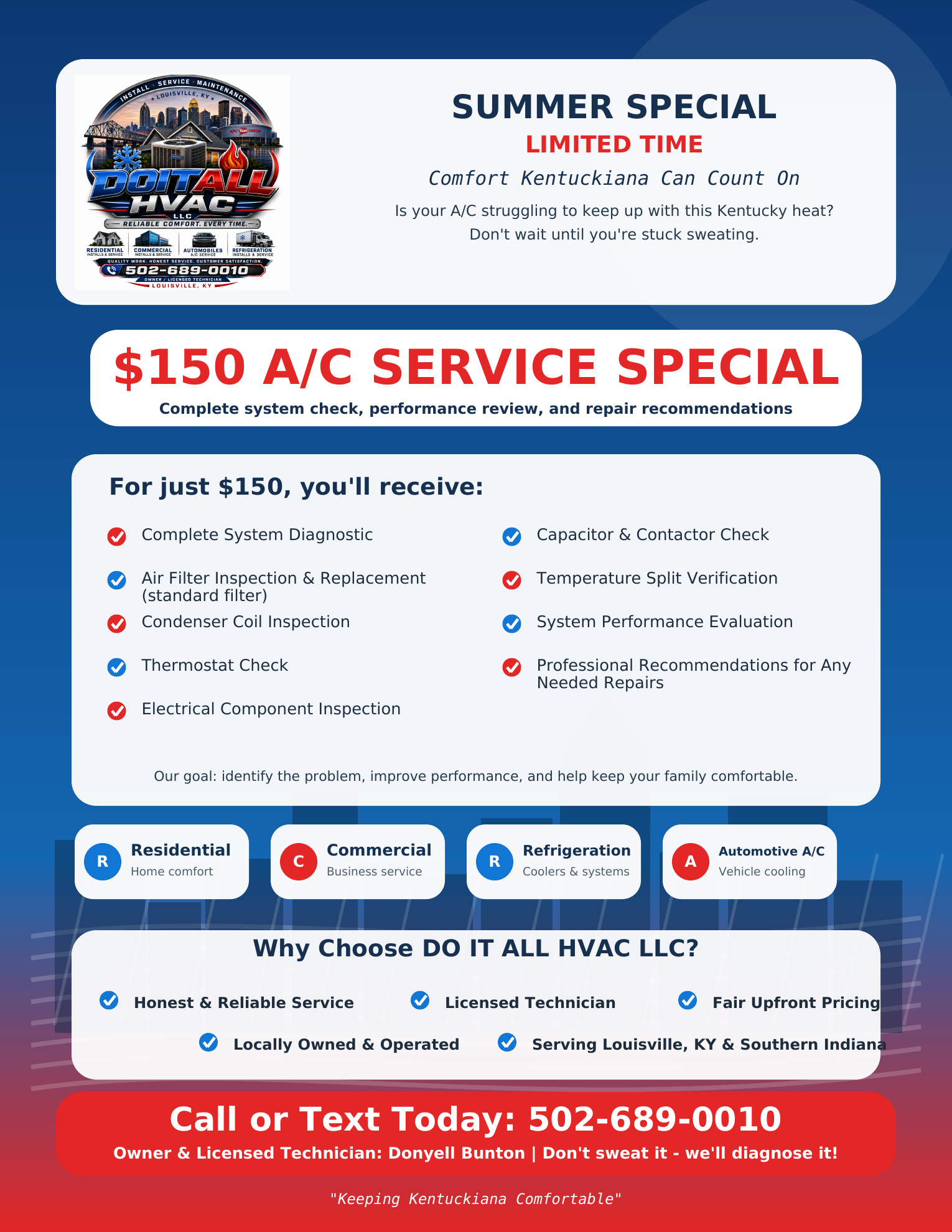 $150 A/C Service Special — complete system check and performance review